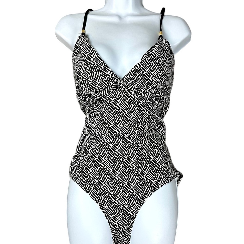Helen Jon Tie Back One Piece in Sunset Key Black White XL Gold Beads Swimsuit